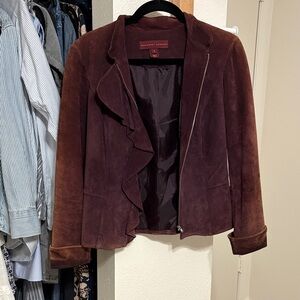Margaret Godfrey Deep Plum Suede Ruffle-Trim Leather Jacket